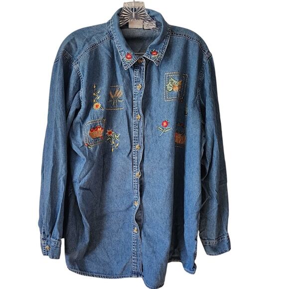 Bobbie Brooks Fall Harvest Autumn Long Sleeve Denim Button Down Size 22/24 - Picture 1 of 5